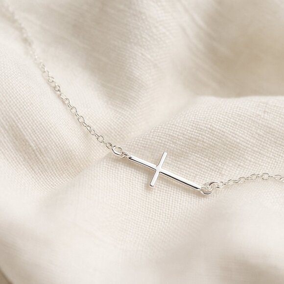 Sterling Silver Sideways Cross Necklace – Dainty Silver Faith Necklace - Picture 2 of 6